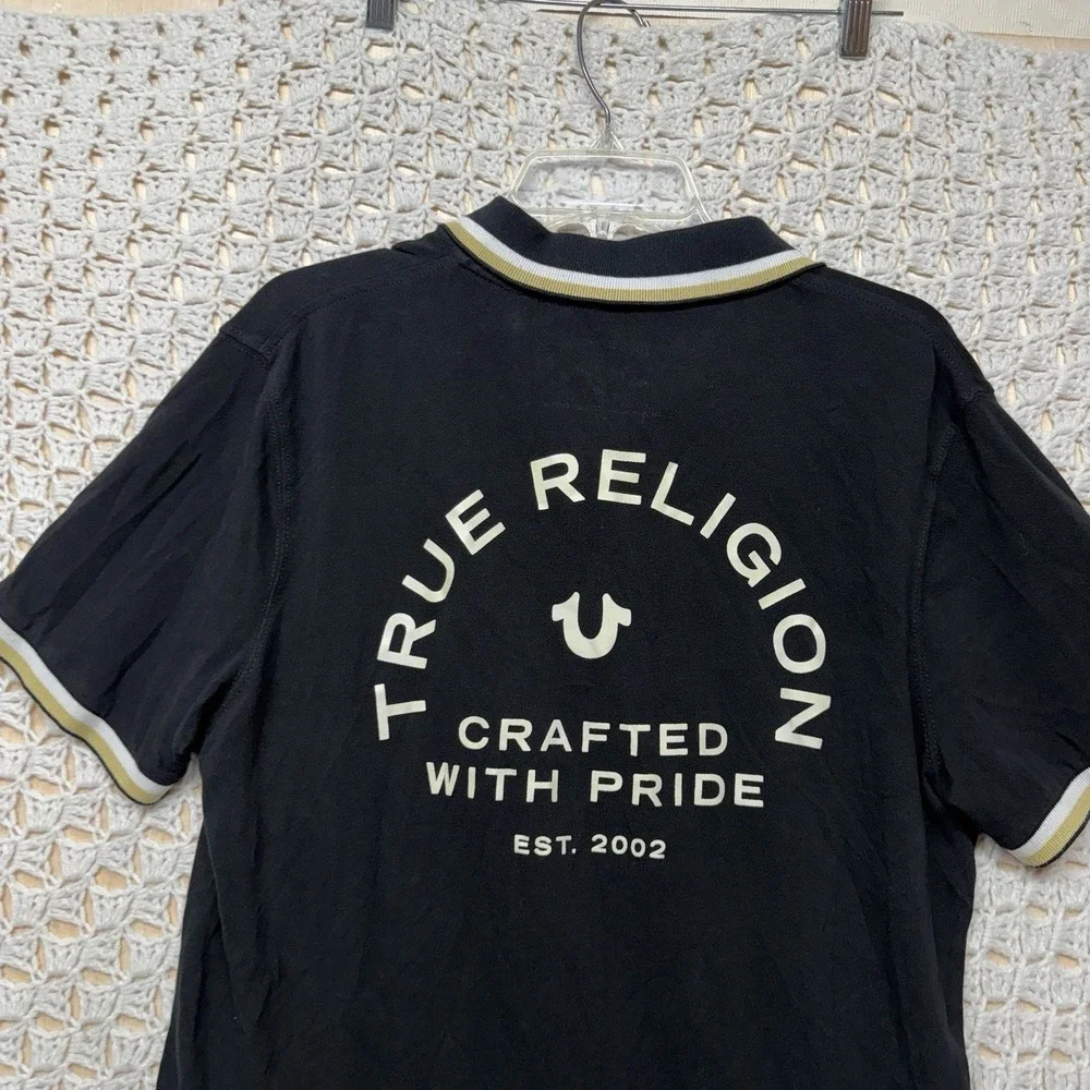 True Religion Polo Shirt Mens Size L Black‎ Crafted With Pride Short Sleeve Flaw